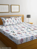 White Glace Cotton Double Flat Bedsheets with 2 Pillow Covers, Breathable, Ultrasoft 240TC, Floral Print, TARAIN Collection, 90x90 inch, Ideal for Summer