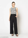 Black & White printed polyester basic jumpsuit with sleeveless design, round neck, and two pockets. Practical fashion for women on-the-go
