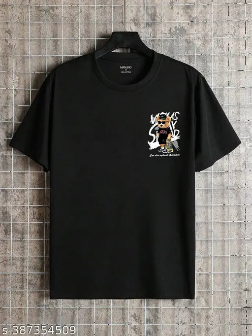 Black cotton blend round neck t-shirt with printed design, men's half sleeve style, India-made fashion essential