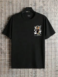 Black cotton blend round neck t-shirt with printed design, men's half sleeve style, India-made fashion essential