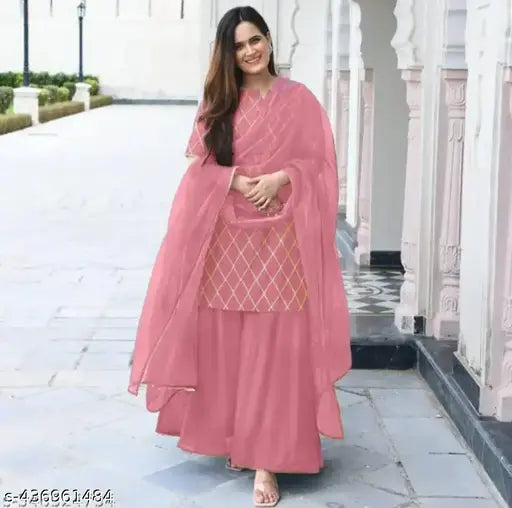 Pink dupatta with intricate embroidery, full set