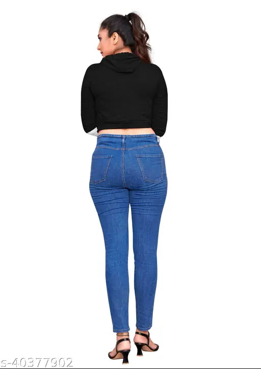 Printed cotton crop top with long sleeves, 95% cotton 5% Lycra, available in sizes S-L and free size (bust 36in, length 18in). Stylist hoodie design