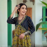 Sunshine Vibes botanical burst rayon kurti gown, vibrant print, three-quarter sleeves, yellow midi dress on hanger