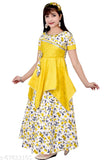 Light green cotton blend ethnic gown with short sleeves and printed net pattern, ideal for little girls aged 5-6 years. Indian craftsmanship." (93 characters)