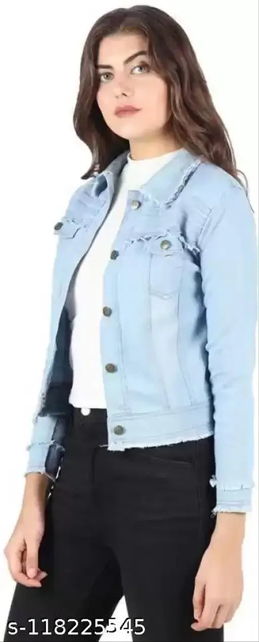 Solid denim women's three-quarter sleeve jacket, shank buttons and chest pockets with buttoned flaps, available in various colors for multiple occasions