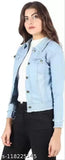 Solid denim women's three-quarter sleeve jacket, shank buttons and chest pockets with buttoned flaps, available in various colors for multiple occasions