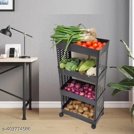 Black plastic kitchen trolley with 4 shelves and wheels
