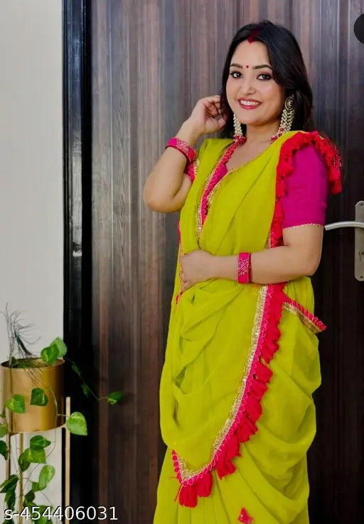 Georgette embroidery work sari, solid Bangalori silk blouse, Indian handcrafted traditional wear for free size
