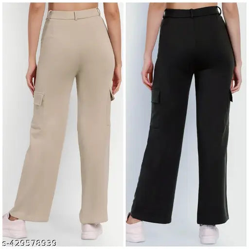 High rise cargo pants with slanted inset pockets, patch with flap, straight fit, stretchable fabric for casual or formal wear