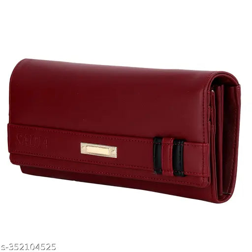Red Sadia faux leather clutch with multiple card slots and 2 phone pockets