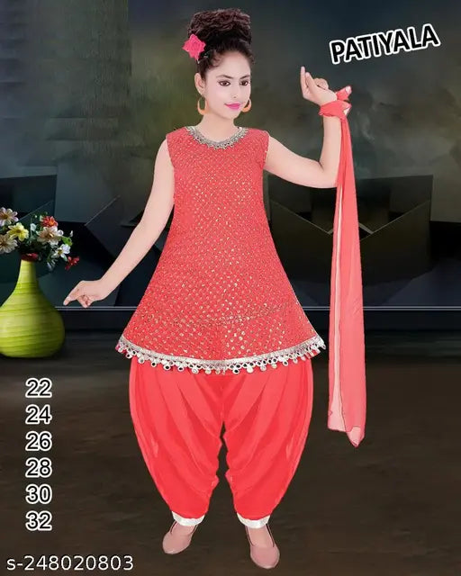 Red silk blend embroidered kurta patiala salwar suit and dupatta for girls partywear, RK Collection Indian ethnic kids wear