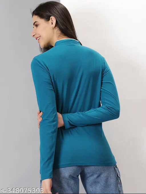 Teal cotton blend long sleeve women's placement print t-shirt, ideal for casual wear and versatile styling options, made in India