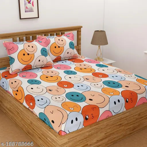 Multicolor smiley cotton blend fitted bedsheets for kids, vibrant & breathable, superfine quality, ideal for summer, made in India