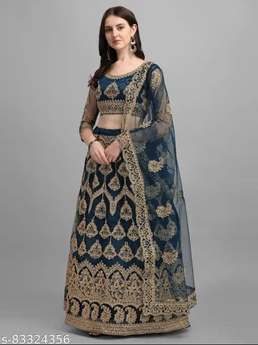 Embroidered women's chain coding lehenga choli set in soft net fabric with heavy Kali work and stone detailing, free size (Lehenga: 44m, Choli: 0.80 mtr, Dupatta: 2.25m), Indian origin