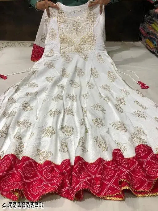 Rayon three-quarter sleeve printed Anarkali kurti, trendy partywear for women, Indian origin