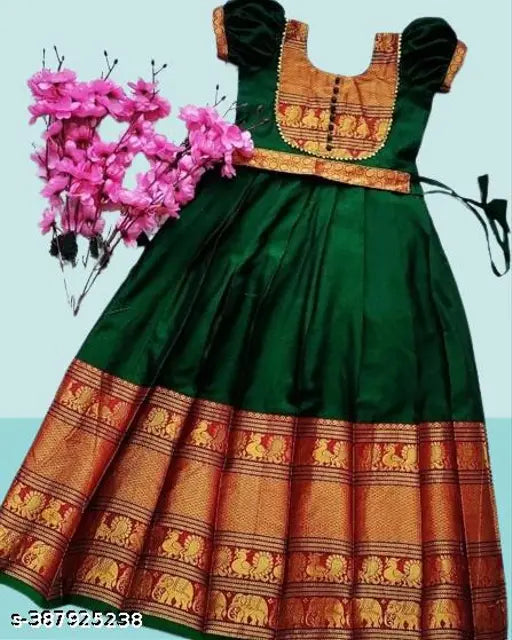 Silk Anarkali dress, Jahee Girls' maxi gown with zari butti and Banarasi stitching in solid pattern. Short sleeves, round neck, regular 3/4 sleeve style for kids aged 18 months to 13 years. Made in India