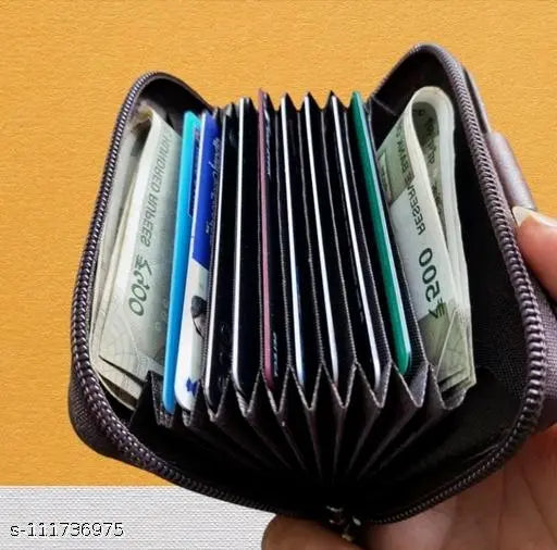 PU leather black card-coin holder, 11 slots, lightweight zipper design, free size (11cm x 8cm)
