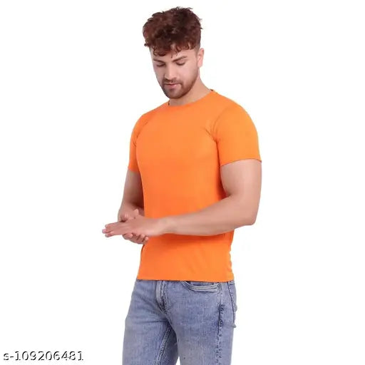 Orange polyester men's half sleeve solid t-shirt from Tsk Tishka, perfect for casual wear