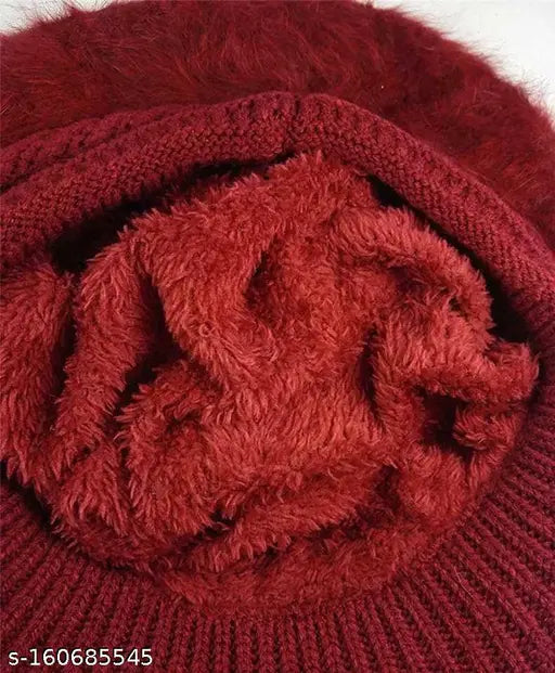 Maroon wool knit beanie cap, ribbed texture