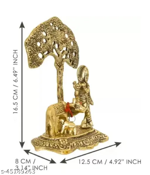 Golden metal Krishna statue with cow under tree (15cm), Indian religious home decor