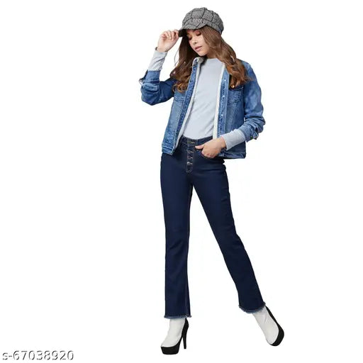 Solid blue denim jacket, women's style with soft warm faux fur lining, dyed/washed pocket effect