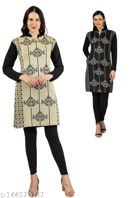Woolen kurta, black and white design, long sleeve, women's wear, winter fashion