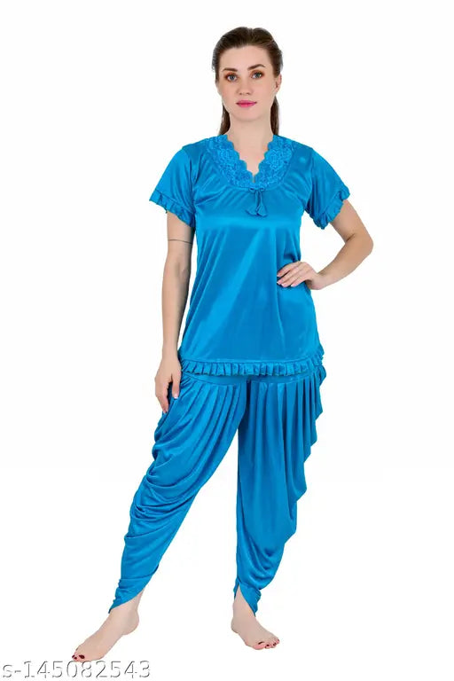 Maroon satin Women's Patiala Dhoti Kurta night suit, soft and comfortable for honeymoon or work from home