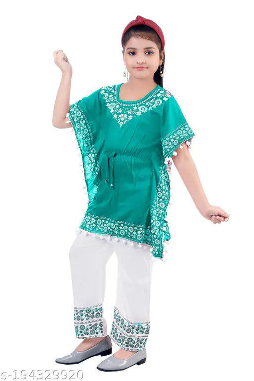 Rayon kaftan and palazzo set for girls, solid pattern with border detail, sizes 3-4 Years - 8-9 Years. Made in India