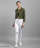 Dark green denim women's jacket, long sleeves, solid pattern, ZOONI COLLECTION classic denim style