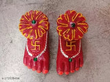 Terracotta clay Lakshmi Charan Paduka for prosperity and wealth, handcrafted red showpiece (8cm x 3cm), from India