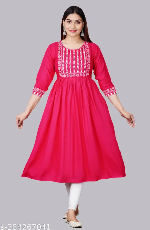 Rayon printed combo three-quarter sleeve trendy gown for women, casual Indian kurti with embroidery detail