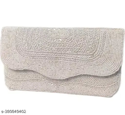 Designer women's beaded silver clutch purse with adjustable strap
