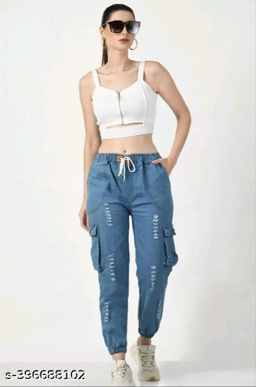 Sky blue denim women's trousers with a high waist and side pockets