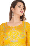 Long printed anarkali kurti, yellow rayon fabric