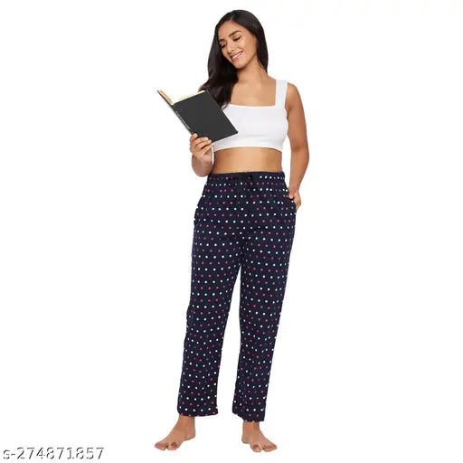 Blue and white polka dot pattern on women's lounge pants