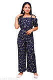 Navy print cotton blend girls jumpsuit with off-shoulder design, suitable for ages 8-13 years, Indian origin