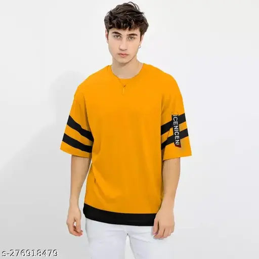 Black and mustard casual cotton blend hip hop t-shirt for men on display
