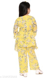 Yellow and orange chiffon palazzo set for girls party wear, floral print top with three-quarter sleeves