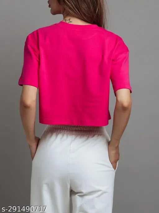 Magenta cotton blend crop top with I'M FiNE print, suitable for women and girls, comfortable loose fit, versatile styling options