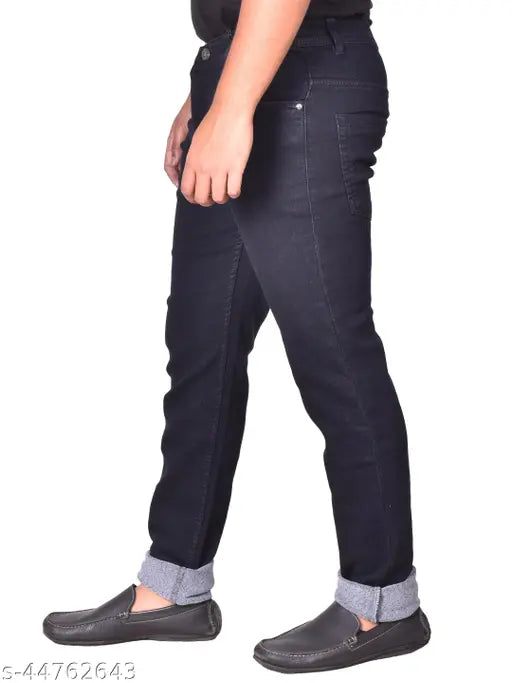 Men's solid denim full-length jeans, durable and stretchable fabric, comfortable pockets, perfect for casual, party, or office wear. Available sizes: 28, 30, 32, 34, 36, 38, 40, 42 (India origin)