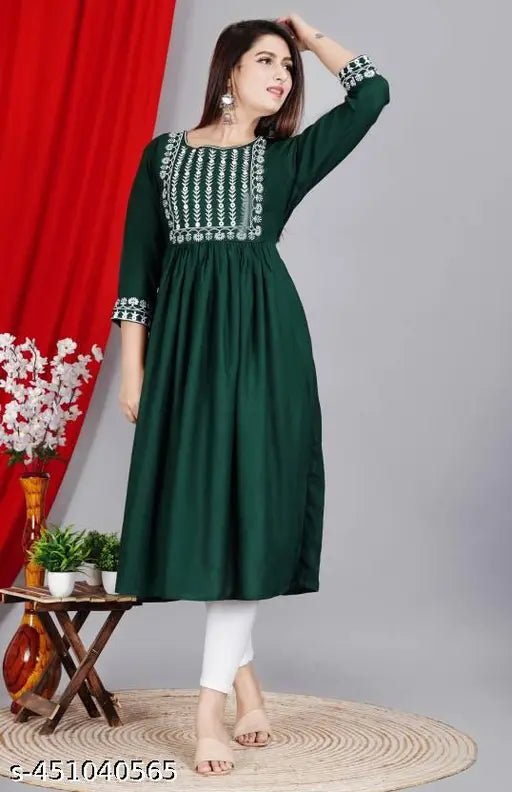 Rayon embroidered Anarkali kurta by ALI AMAN, featuring three-quarter sleeves and solid combo. XL size (Bust 42in, Length 47in). Traditional Indian fashion for functions, festivals, parties, and weddings