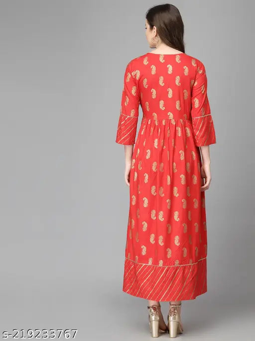 Embroidered flared rayon kurta with three-quarter sleeves, Indian ethnic fashion essential