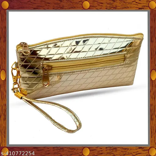 A decorative small clutch bag with a zipper and a long chain strap, often used as an evening or party accessory