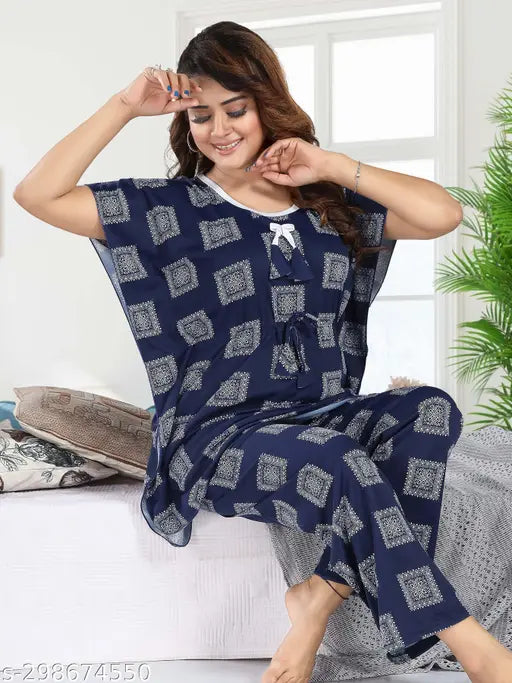 XL/XXL printed nighty, women's polyester kaftan with drawstring - Indian-made sleepwear