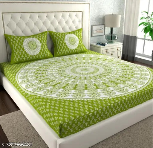 Green cotton double bed sheet with 2 pillow covers, 160TC, floral design.