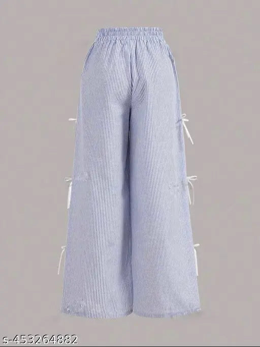 Blue and white striped fabric bow pants