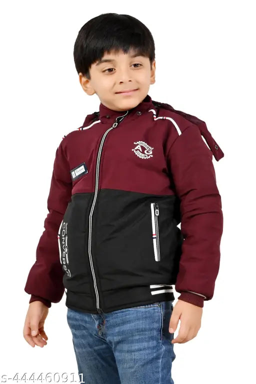 Maroon printed casual jacket, boys long sleeve hooded winter polyester jacket (Maroon) for cold weather wear