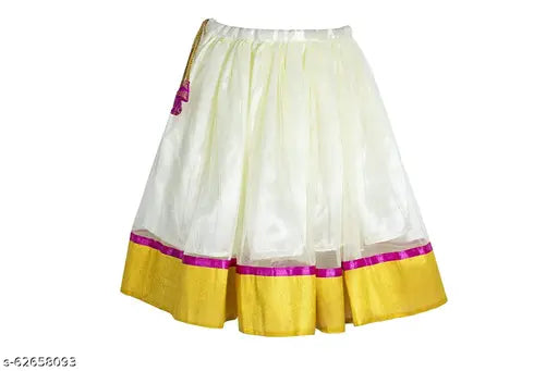 Indian girls traditional South Style SW Pattu Pavadaiha lehenga choli, hand-embroidered Chanderi silk top with satin sleeves and embellished lehenga. Classic Indian outfit for young girls aged 6-8 years. Origin: India