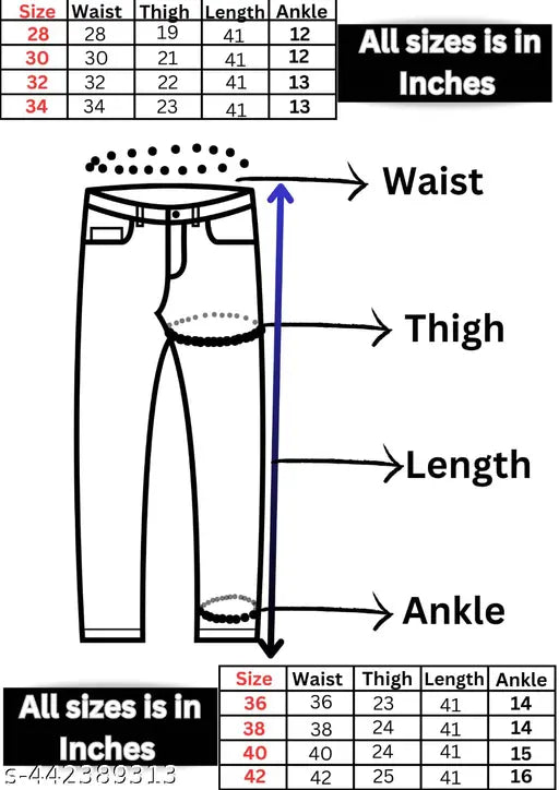 Comfortable trendy slim fit denim jeans, stretchable and lightweight, dyed/washed for Gen Z fashion. Model wearing same jeans, quality good. Length around 39 inches (Note: for heights over 6 feet, avoid sizes 26, 28, 30, or 34, 36; India origin)