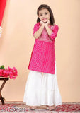 Rayon Bandhani printed Kurta and Palazzo set for girls, intricate embroidery work, A-line top with three-quarter sleeves, sizes 5-12 years, made in India